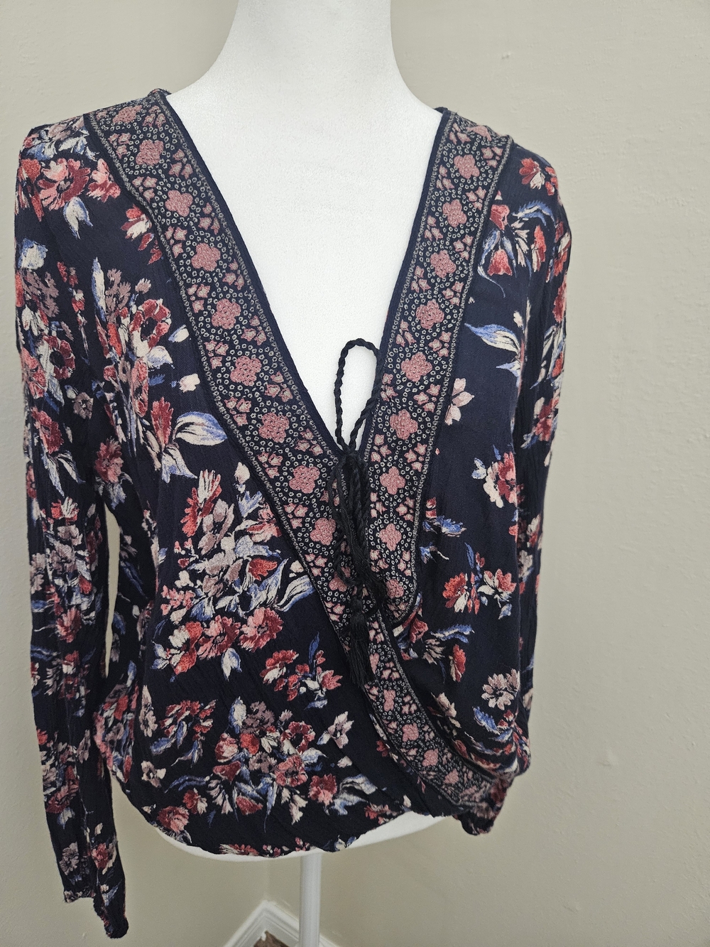 Hollister Navy Floral Wrap Blouse with Pink & White Accents